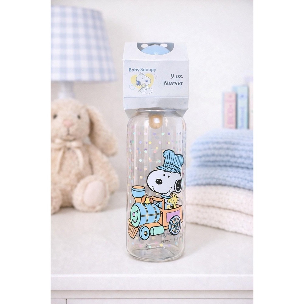 Vintage Baby Snoopy 9 oz Baby Bottle VTG NIB Peanuts Woodstock Blue Train 90s